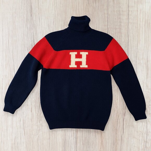 Vintage Tommy Hilfiger 90s Navy Red “H” Logo Turtleneck Sweater Size L - Picture 1 of 3